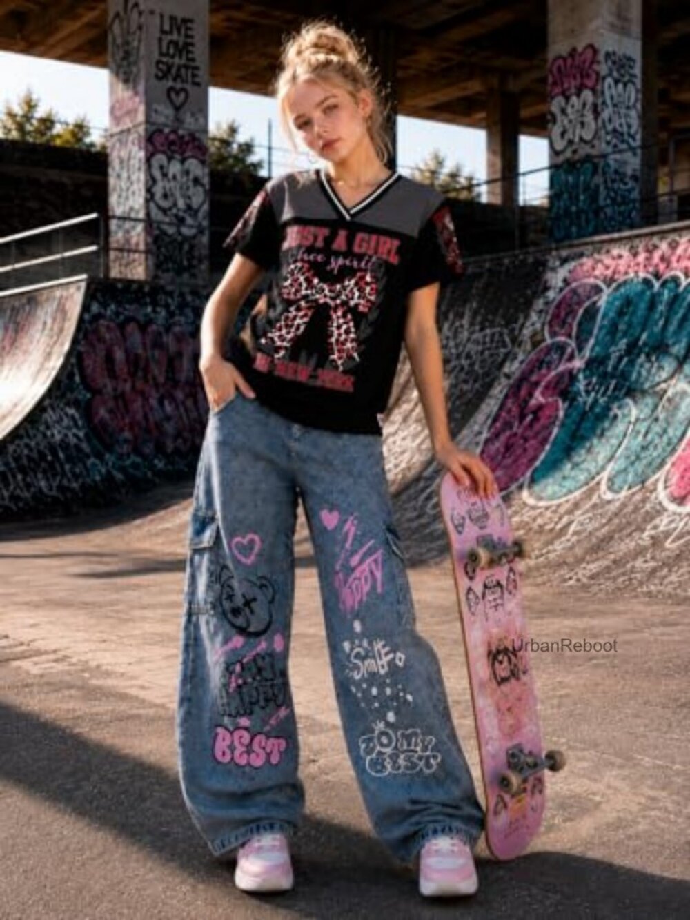 Girls 2 Piece Outfit V Neck Graphic Tee and Wide Leg Denim Jeans Set - Picture 3 of 6